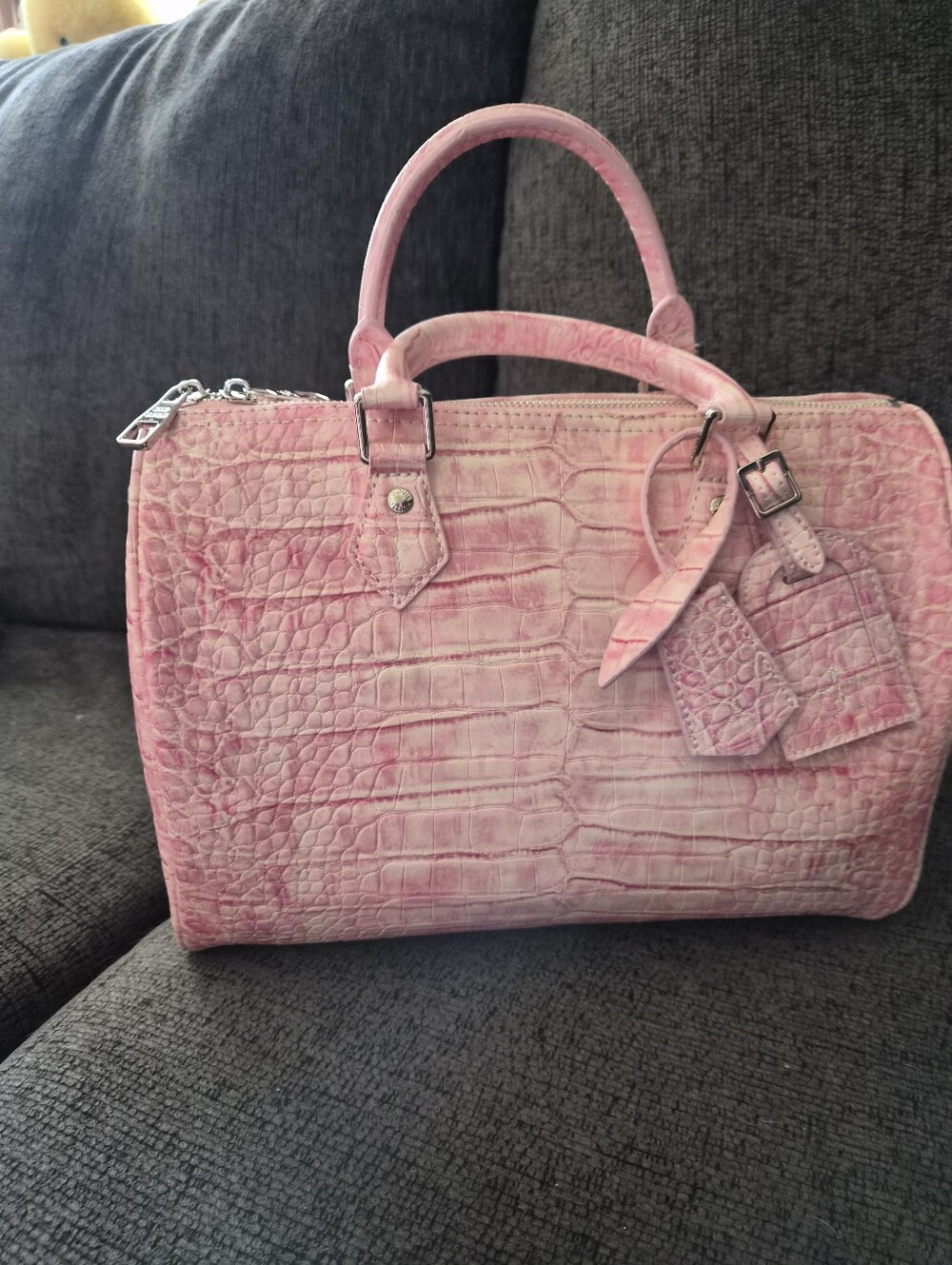 Pink Croc-Embossed Speedy 30 Style Bag with Removable Strap
